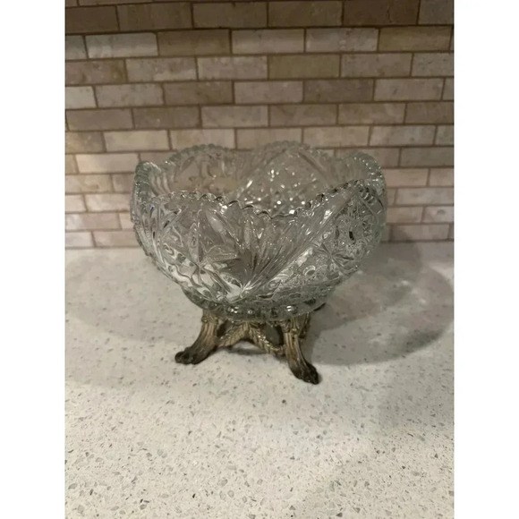 Hollywood Regency Pressed Glass Trinket Bowl Dish Brass Legs - Picture 2 of 5